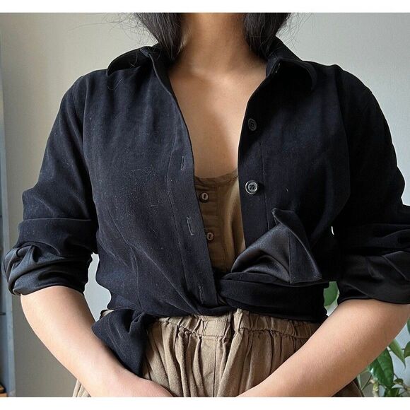 vtg 90s y2k suedelike black button down shirt classic tailored boho blouse small - Picture 9 of 10